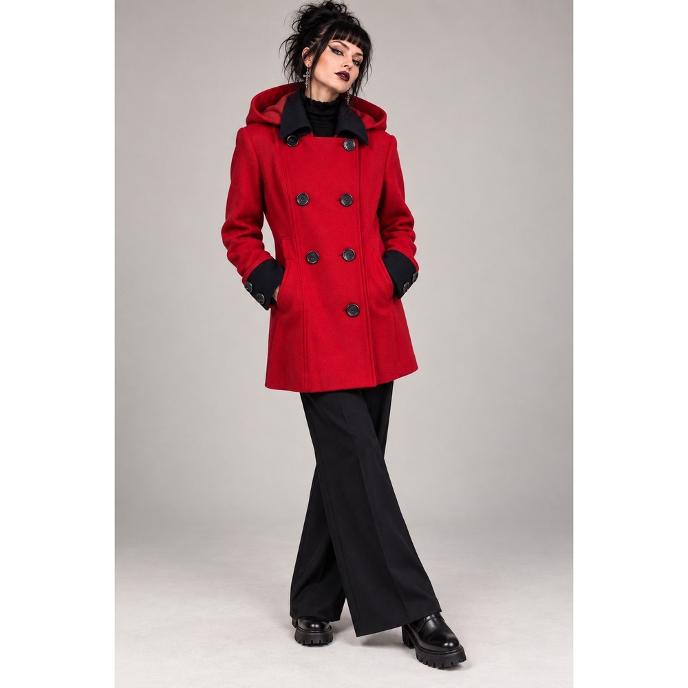 Nautica XL Red Wool Blend Peacoat Detachable Hood Double-Breasted